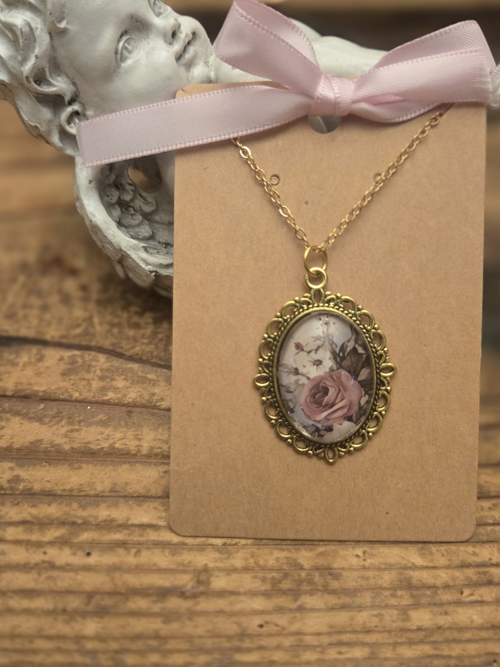 Gold Floral Oval Pendant Necklace - Pink Rose